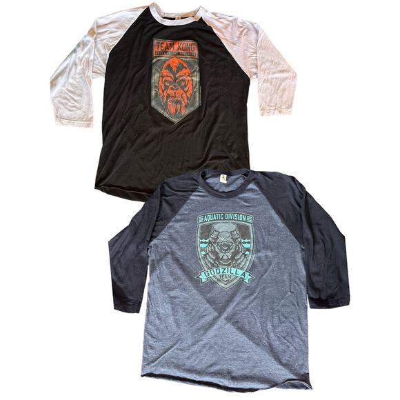 Pair 2 Monsterverse Team Godzilla Kong Raglan Shirt L Toho Legendary Shop - Picture 1 of 12